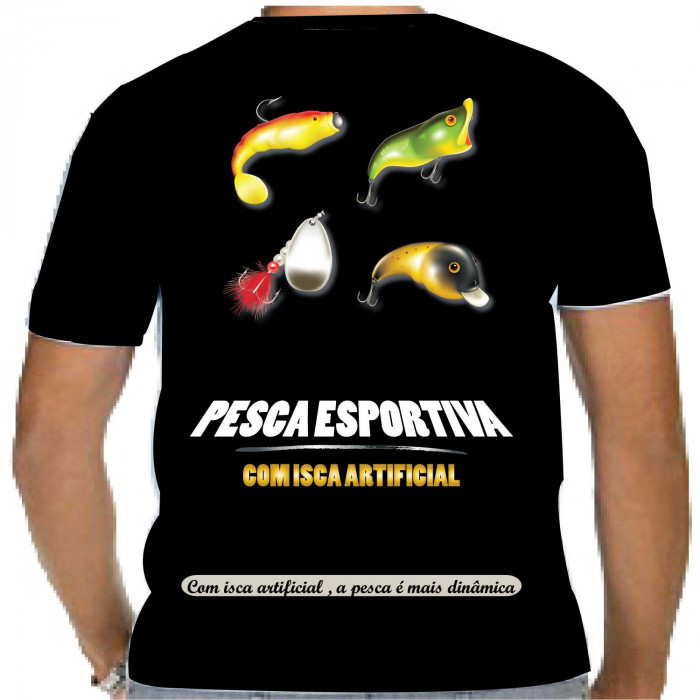 Camiseta - Pesca Esportiva - Plug e Glow com Isca Artificial a Pesca é mais Dinâmica Costas Preta