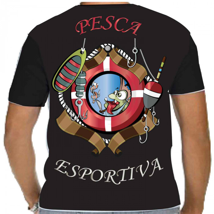 Camiseta - Pesca Esportiva -  Linguiceiro Fisgando Peixe Salva Vidas Bóia e Anzol Costas Preta