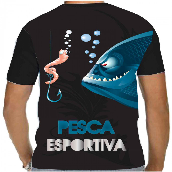 Camiseta - Pesca Esportiva - Minhoca Anzol Isca Peixe Lisa Costas Preta