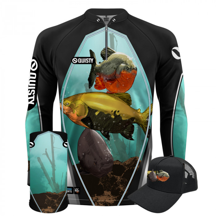 Super Combo Premium - Pro Elite Brabos Da Pesca Gordões do Rio - Pesca Esportiva - Camisa + Punho Luva + Máscara Premium + Boné DryUv50+