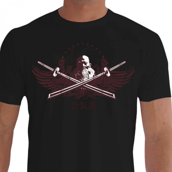 Camiseta - Aikido - O-Sensei Morihei Ueshiba entre Duas Espadas Bushi Estrelas Kanji