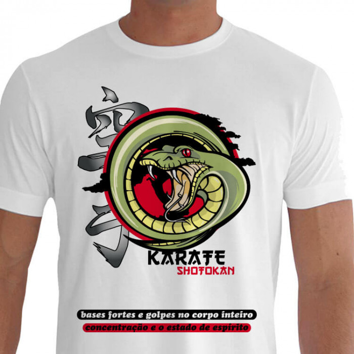 Camiseta - Karatê - Cobra Ataque Kanji Bases Fortes e Golpes no Corpo Inteiro Concentração e o Estado de Espírito