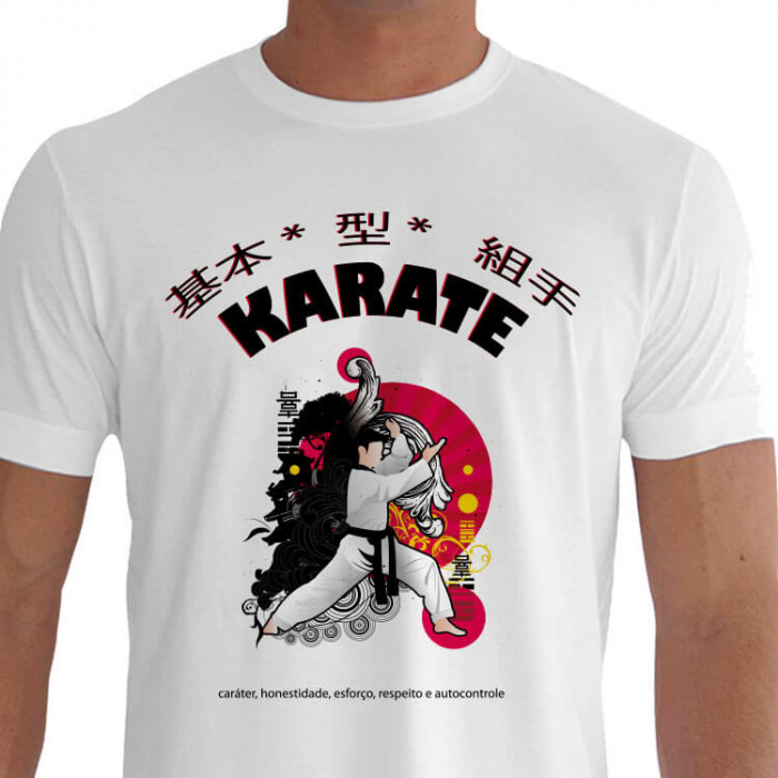 Camiseta - Karatê - Karateca Golpe com as Mãos Haito Uti Caráter Honestidade Esforço Respeito Auto Controle Kanji Kihon Kata Kumite