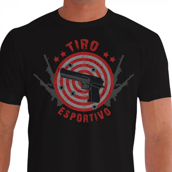 Camiseta - Tiro Esportivo - Diversas Armas Precisas e Potentes Mira Tiros com Munição Real Alvo Frente Preta