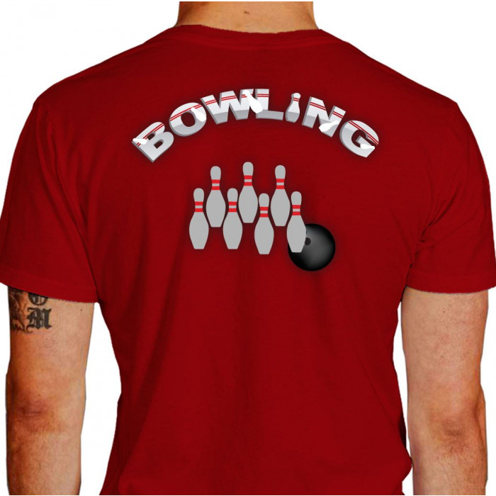 Camiseta - Boliche - Bowling Vários Pinos e Bola Costas Vermelha