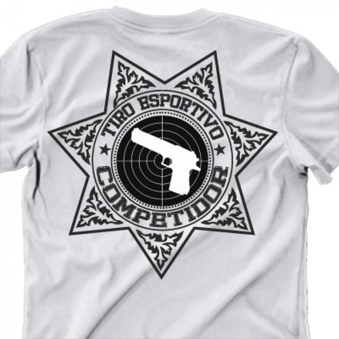 Camiseta - Tiro Esportivo - Ilustração Competidor Mira Arma Glock Costas Branca