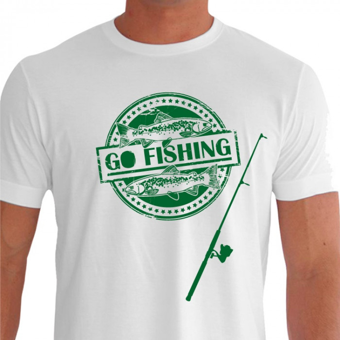 Camiseta - Pesca Esportiva - Dois Peixes Vara Carretilha Go Fishing - branca