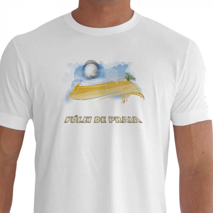 Camiseta - Vôlei de Praia - Estampa Quadra Rede Bola Paisagem  - branca