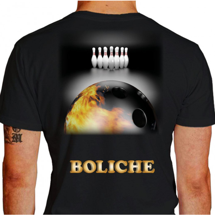 Camiseta - Boliche - Imagem Foto Ilustração Realista Bola Pintada Fogo Costas Preta