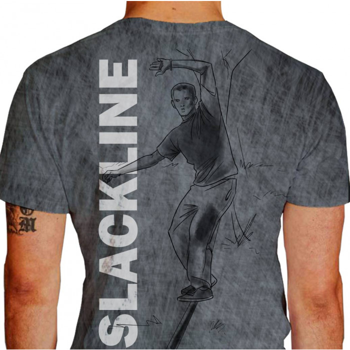 Camiseta - Slackline - Atleta Equilíbrio Treino Mente e Corpo Esporte Costas Cinza