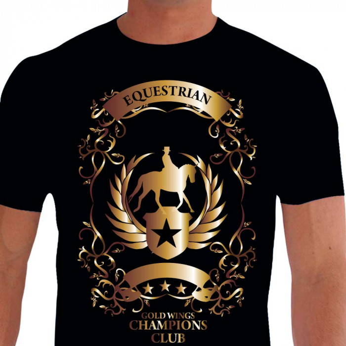 Camiseta - Hipismo - Adestramento Competição Equestre Gold Wings Champions Club Frente Preta