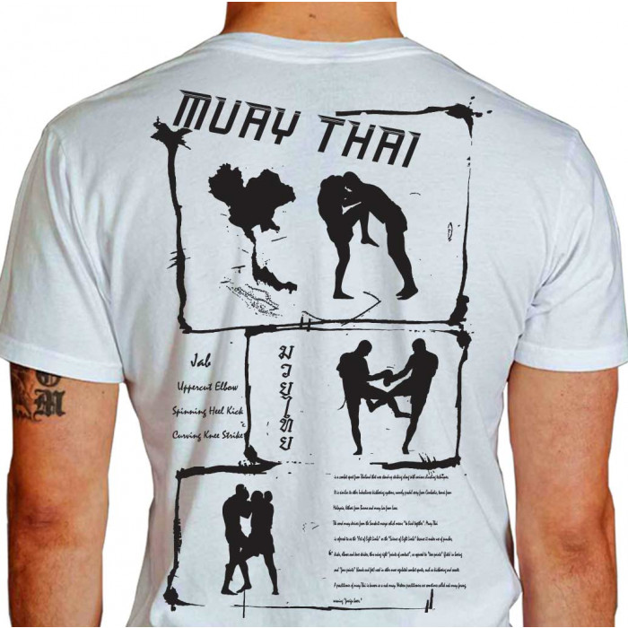 Camiseta - Muay Thai - Sequência História do Muay Thai Joelhada Jogo de Pernas Clinch Costas Branca