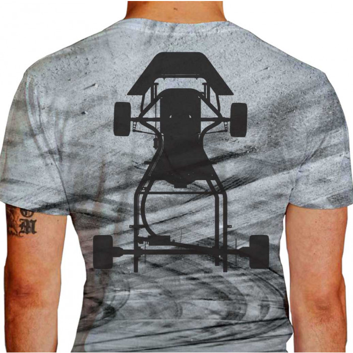 Camiseta - Kart - Malha Efeito Marca de Pneu na Pista Chassis Karting Costas Cinza