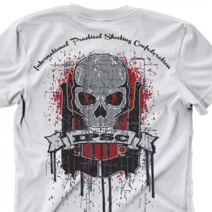 Camiseta - Tiro Esportivo - Estampa Armas Caveira IPSC Efeito Riscado International Practical Shooting Confederation Costas Branca
