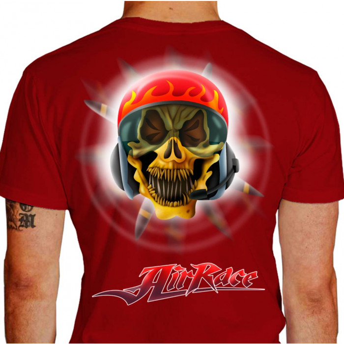 Camiseta - Air Race - Piloto Caveira Hélice Girando Alta Velocidade Capacete Tribal Fogo Lisa Costas Vermelha