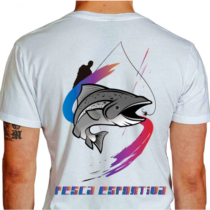 Camiseta - Pesca Esportiva - Pescador Fisgando Peixe com Isca Artificial Glow  - BRANCA