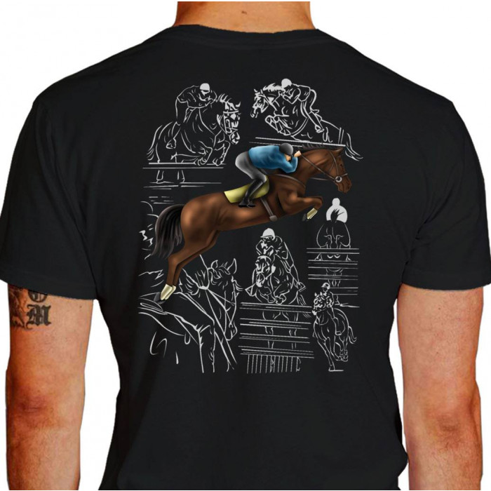 Camiseta - Hipismo - Diversos Saltos Cavaleiros Obstáculos Costas Preta