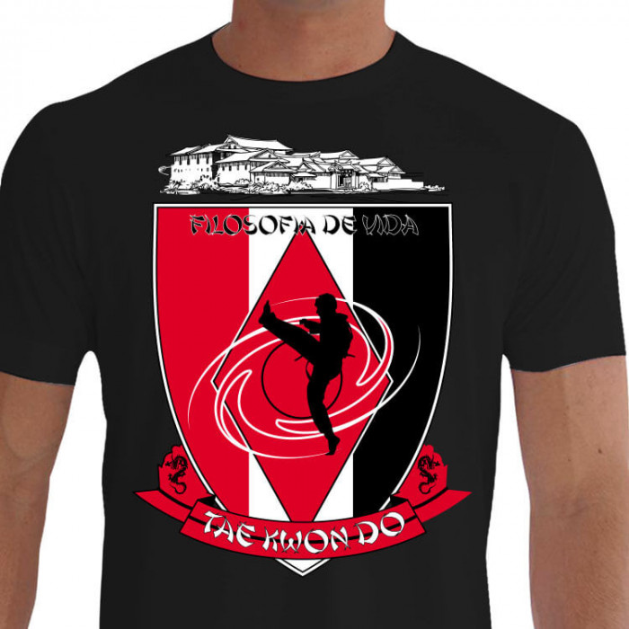 Camiseta - Tae Kwon Do - Templo Filosofia de Vida Lutador Dando Chute Alto Pulando Ap Sagui Palmok Olgul Maki