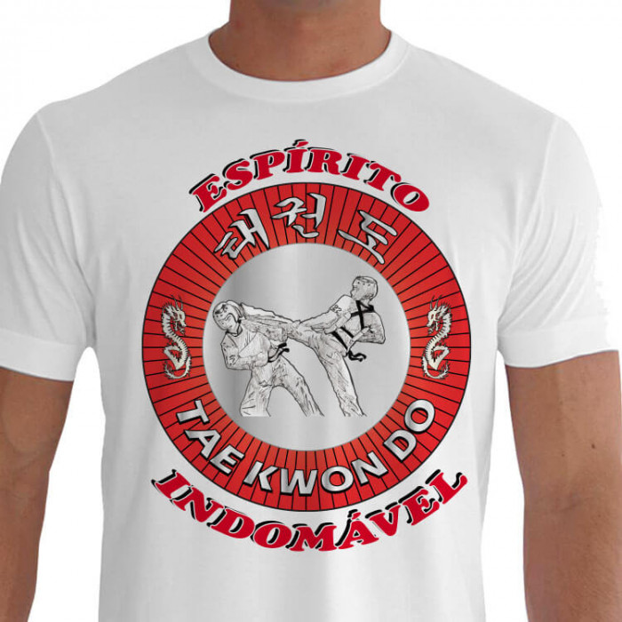 Camiseta - Tae Kwon Do - Kanji Dragões Campeonato Lutador Dando um Golpe Yop tchagui Chute Lateral no Oponente