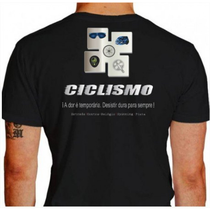Camiseta - Ciclismo - Acessórios Bike e Ciclista Óculos, Capacete, Roda, Relógio e Pedal Costas Preta