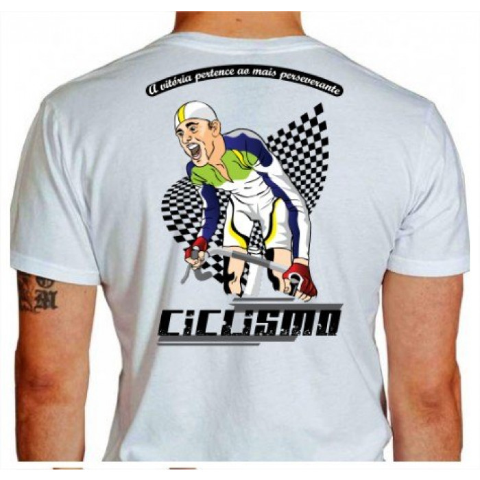 Camiseta - Ciclismo - Ciclista Atravessando a Linha de Chegada Frase A Vitória Pertence ao Mais Perseverante Costas Branca