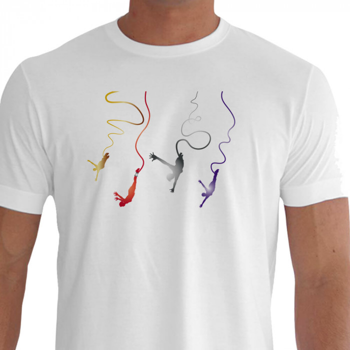 Camiseta - Bungee Jump - Estampa Quatro Radicais Saltadores Efeito Cores Branca