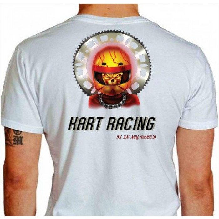 Camiseta - Kart - Caveira Piloto Efeito Fogo Capacete Catraca e Corrente Racing is in my Blood Costas Branca