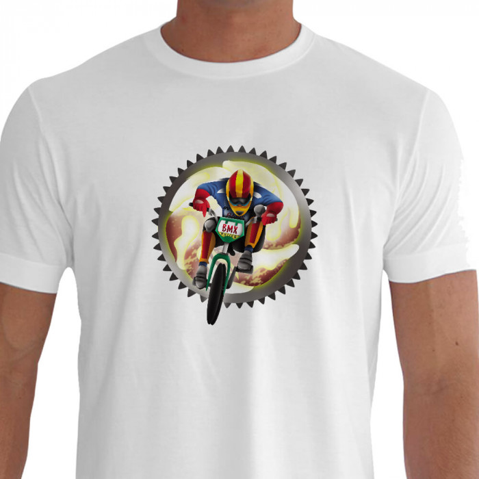 Camiseta - BMX Racing - Piloto Correndo Velocidade e Técnica Ilustração Fundo Catraca Branca