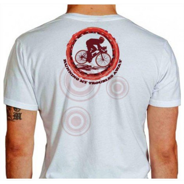 Camiseta - Ciclismo - Ilustração Ciclista Frase Running My Troubles Away Costas Branca