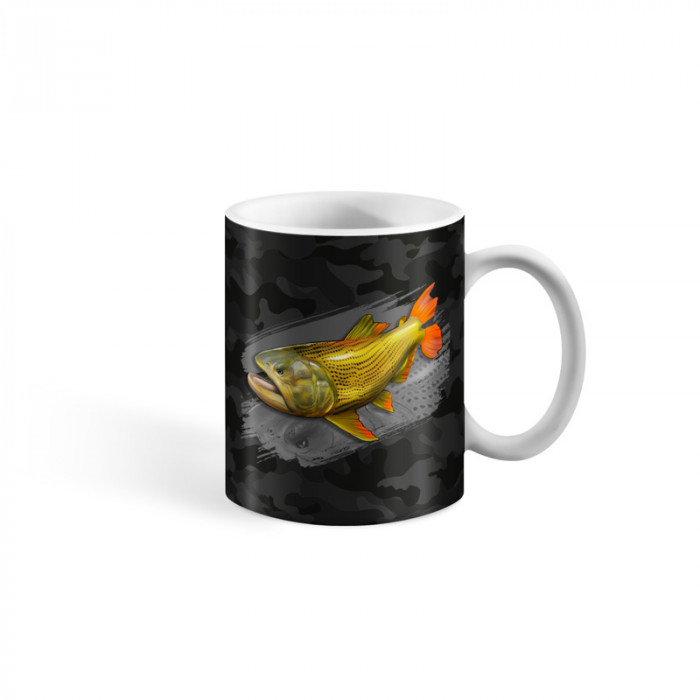 Caneca Porcelana - Pesca Esportiva - Camuflada Black Dourado Rei do Rio