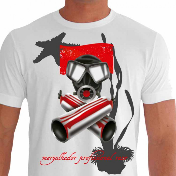 Camiseta - Mergulho - Cilindros & Máscara Mergulhador Profissional Raso - branca