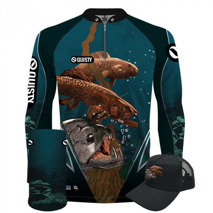 Super Combo Premium - Pro Elite Brabos Da Pesca Coral Cyan - Pesca Esportiva - Camisa + Punho Luva + Máscara Premium + Boné DryUv50+