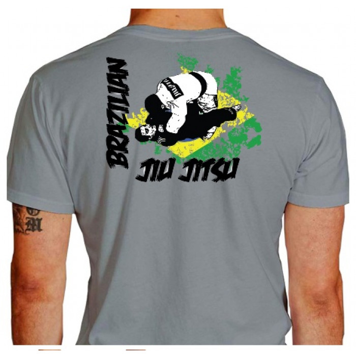Camiseta - Jiu-Jitsu - Combate na Arte da Bandeira do Brasil Costas Cinza