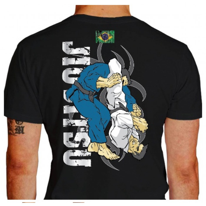 Camiseta - Jiu-Jitsu - Triângulo Tribal Bandeira do Brasil Lisa Costas Preto