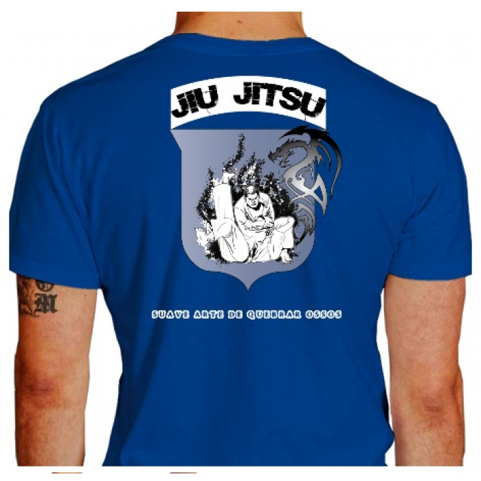 Camiseta - Jiu-Jitsu - Casca Grossa Dragão Quebrar Ossos Lisa Costas Azul