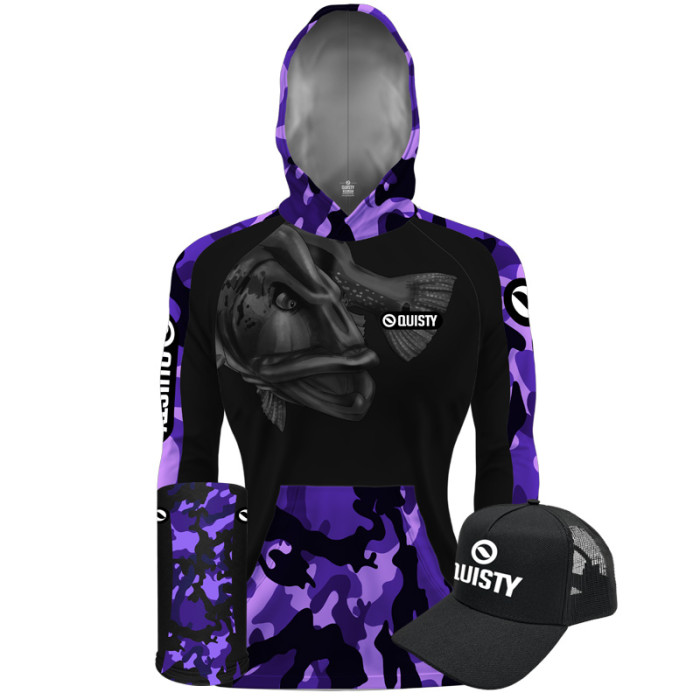 Super Combo Feminina Camisa Com Capuz Hardy Protection Tucunaré Roxo Camuflado - Pesca Esportiva Camisa + Máscara + Boné DryUv50+