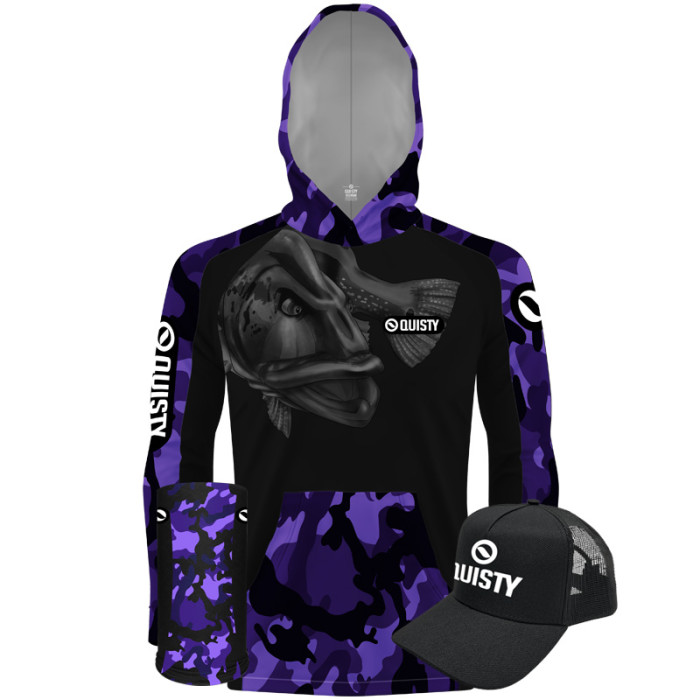 Super Combo Camisa Com Capuz Hardy Protection Tucunaré Roxo Camuflado - Pesca Esportiva Camisa + Máscara + Boné DryUv50+