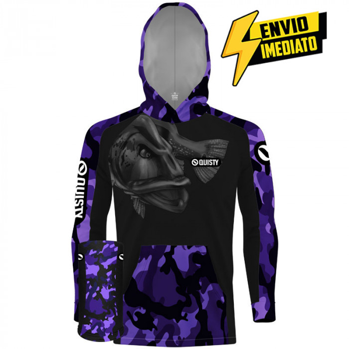 Combo Camisa com Capuz Hardy Protection Tucunaré Roxo Camuflado - Capuz + Máscara Pesca Esportiva DRYUV50 - Envio Imediato