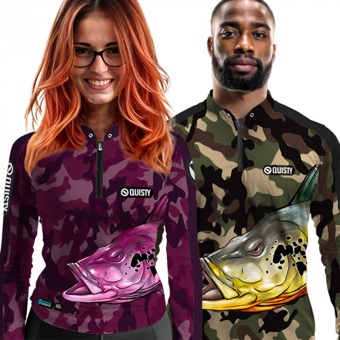 Combo dos Namorados Camisa Pro Elite Feminina Tucunaré Pantanal + Pro Elite Tucunaré Pantanal Masculina Pesca Esportiva DryUv50 + Punho Luva