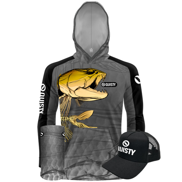Super Combo Camisa Com Capuz Hardy Protection Traíra Skull Capuz + Máscara + Boné DryUv50+ Pesca Esportiva