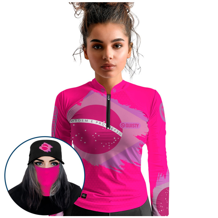 Super Combo Premium - Pro Elite Brasil Pink Pesca Esportiva - Camisa + Punho Luva + Máscara Premium + Boné Tela DryUv50+