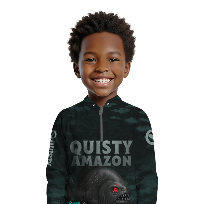 Camisa Premium Infantil - Pro Elite Piranha Preta A Predadora dos Rios - Pesca Esportiva - DryUv50 + Punho Luva
