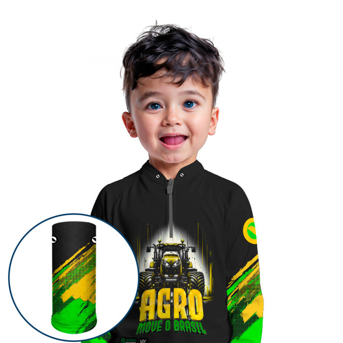 Combo Premium Infantil - Pro Elite Agro Move o Brasil- Agro Sports- Camisa + Punho Luva + Máscara Premium Infantil DryUv50+ 