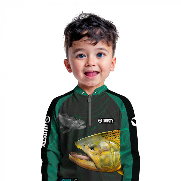 Camisa Premium Infantil - Pro Elite Dourado Rei do Rio Azul Pesca Esportiva - DryUv50 + Punho Luva