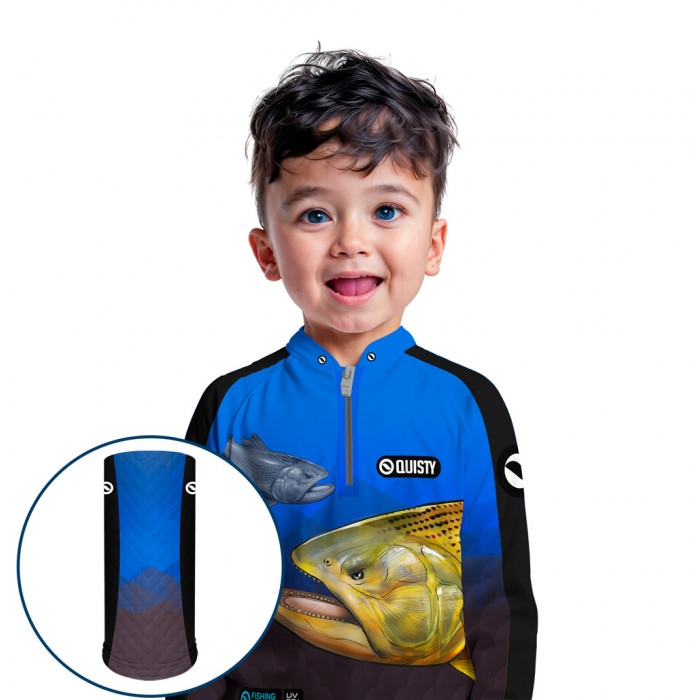 Combo Premium Infantil - Pro Elite Dourado Rei do Rio Pesca Esportiva - Camisa + Punho Luva + Máscara Premium Infantil DryUv50+