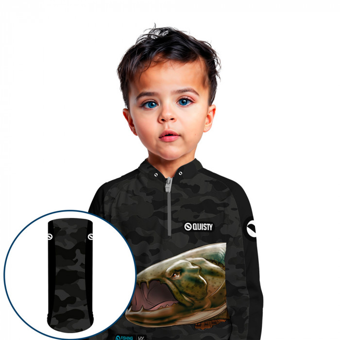Combo Premium Infantil - Pro Elite Trairão Pesca Esportiva - Camisa + Punho Luva + Máscara Premium Infantil DryUv50+