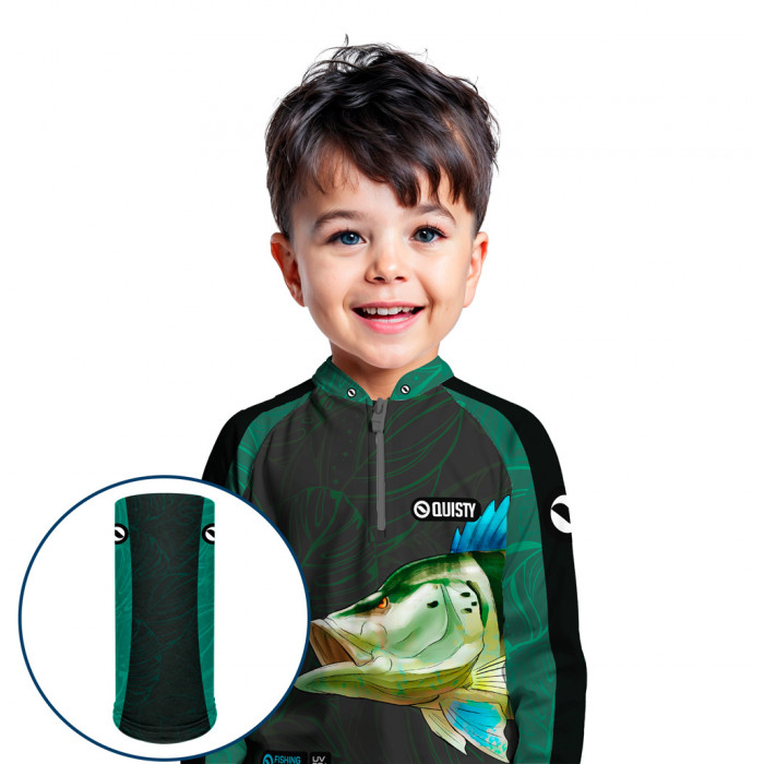 Combo Premium Infantil - Pro Elite Tucunaré Azul Pesca Esportiva - Camisa + Punho Luva + Máscara Premium Infantil DryUv50+