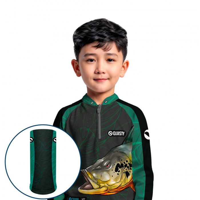 Combo Premium Infantil - Pro Elite Tucunaré Pantanal Azul Pesca Esportiva - Camisa + Punho Luva + Máscara Premium Infantil DryUv50+