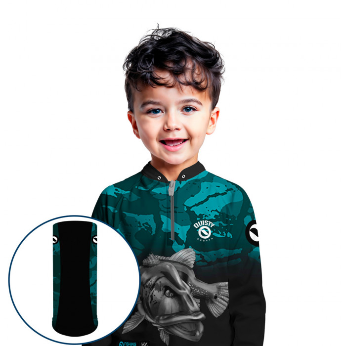 Combo Premium Infantil - Pro Elite Tucunaré Cyan Esportiva - Camisa + Punho Luva + Máscara Premium Infantil DryUv50+