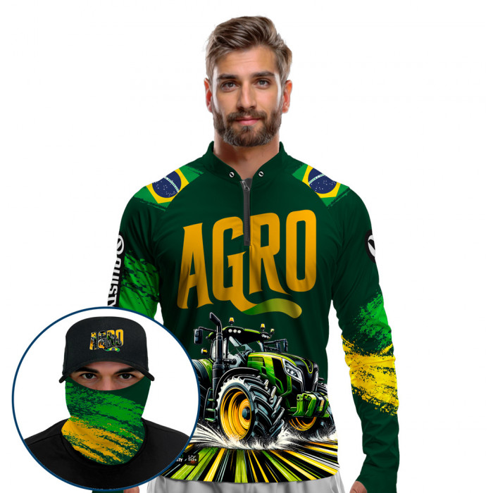 Super Combo Premium - Pro Elite Brasil Agroforte - Agro Sports - Camisa + Punho Luva + Máscara Premium + Boné DryUv50+